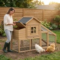 PawHut 69" Wooden Chicken Coop, Poultry Cage Hen House with Connecting Ramp, Tray, Ventilated Window and Nesting Box(m-3)