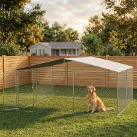 PawHut 15x15 Dog Kennel with Cover, Secure Outdoor Dog Fence, Galvanized Steel Frame for Backyard, Green(m-2)