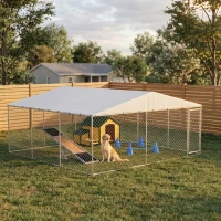 PawHut 15' x 15' x 7' Dog Kennel Outdoor for Small Medium Large Dogs with Waterproof Roof, Silver(m-10)