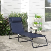 Outsunny Folding Chaise Lounge Pool Chair with 4-Position Reclining Back, Pillow, Breathable Mesh & Bungee Seat, Dark Blue(m-2)