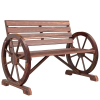 Outsunny 41" Wooden Wagon Wheel Bench, Rustic Outdoor Patio Bench Weather Resistance Furniture, 2-Person Slatted Seat with Backrest, Carbonized(m-1)