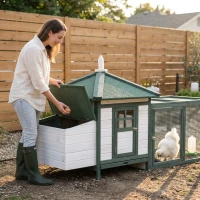 PawHut 77" Wooden Chicken Coop Hen House Poultry Cage with Weatherproof Roof, Nesting Box, Enclosed Run and Removable Tray for Outdoor Backyard, Green(m-3)