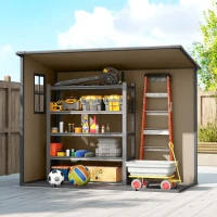Outsunny 8' x 4' Plastic Outdoor Storage Shed with Floor, Window, Lockable Doors and Vents for Backyard Patio Lawn, Light Brown(m-9)