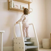Qaba Adjustable 3 Step Toddler Tower with Handles, Non-slip Surface & Foot Pads, Gray(m-9)