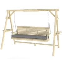 Outsunny 3 Seat Wooden Porch Swing with Stand, Patio Swing with Cushion, for Garden, Poolside, Backyard, Natural Wood(m-1)