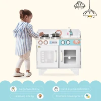 Qaba Wooden Pretend Play Kitchen with Sink, Clock, and Stove for Kids with Real Stainless Steel, Children Cooking Playset for 3-6 Years Old(m-4)