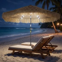 Outsunny 9 ft Hula Thatched Tiki Patio Umbrella with LED Solar Light, Outdoor Umbrella with Crank, Tilt, UPF30+, Khaki(m-2)