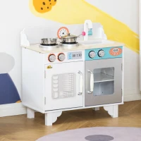 Qaba Wooden Pretend Play Kitchen with Sink, Clock, and Stove for Kids with Real Stainless Steel, Children Cooking Playset for 3-6 Years Old(m-10)