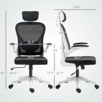 HOMCOM Mesh Office Chair, Ergonomic Desk Chair with Flip-up Armrest, Rotatable Headrest, Adjustable Lumbar Support, Black(m-3)