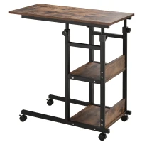 HOMCOM Industrial C-Shaped Mobile Rolling Sofa Side Table with 3-Tier Storage Shelving, Adjustable Height, & Wheels(m-1)
