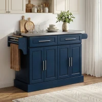 HOMCOM Rolling Kitchen Island with Stainless Steel Top, 2 Drawers, Spice, Knife and Towel Rack and Cabinets, Navy Blue(m-9)