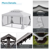 Outsunny 10' x 13' Patio Gazebo, Aluminum Frame Double Roof Outdoor Gazebo Canopy Shelter with Netting & Curtains, Light Gray(m-5)