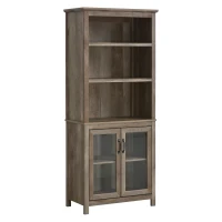 HOMCOM 71" Bookcase Storage Hutch Cabinet with Adjustable Shelves and Glass Doors for Home Office, Kitchen, Living Room, Natural Wood(m-1)