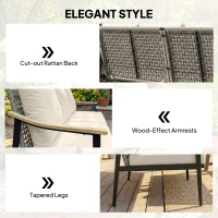 Outsunny 3 Seater Outdoor Patio Sofa, Outdoor Couch with Wood-Effect Armrests, Wicker Backrest, Cushions for Garden Yard, Khaki(m-5)