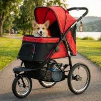 PawHut 3 Wheels Pet Stroller for Small Dogs and Medium Dogs with Adjustable Canopy, Safety Tether, Storage Basket, Red(m-10)