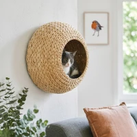 PawHut Wall Mounted Cat Condo with Washable Cushion, Natural Wood(m-11)