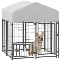 PawHut Welded Wire Outdoor Dog Kennel with 360° Rotating & 4 Levels Adjustable Bowls, Waterproof Cover, 3.9' x 3.9' x 4.5'(m-10)
