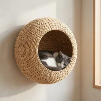 PawHut Wall Mounted Cat Condo with Washable Cushion, Natural Wood(m-2)