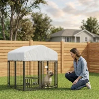 PawHut Welded Wire Outdoor Dog Kennel with 360° Rotating & 4 Levels Adjustable Bowls, Waterproof Cover, 3.9' x 3.9' x 4.5'(m-2)