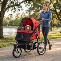 PawHut 3 Wheels Pet Stroller for Small Dogs and Medium Dogs with Adjustable Canopy, Safety Tether, Storage Basket, Red(m-2)