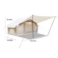 Inflatable 4-Season Camping Tent with Extended Awning, Waterproof Family Tent with Clear Skylight, 118″ L x 82.5″ W x 78.5″ H, Beige(m-3)