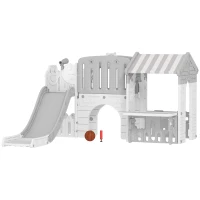Qaba 7-in-1 Toddler Slide, Kids Slide Climber Playset with Playhouse and Basketball Hoop for 1-4 Years, Grey(m-2)