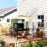Outsunny 8' x 7.6' Grill Gazebo, Double Tiered Barbecue Grill Gazebo Shelter w/ Side Awning, 2 Side Shelves, 6 Hooks, Beige(m-10)