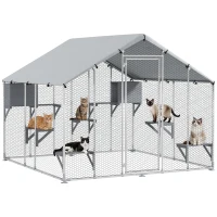 PawHut 94.5" Extra Large Metal Outdoor Catio with Waterproof Cover, 2 Resting Boxes, 7 Platforms, for Multiple Rabbits, Chicken(m-11)