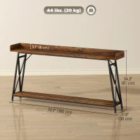 HOMCOM 71" Extra Long Console Table with Storage Shelf and Guardrails, Industrial Entryway Table for Living Room, Rustic Brown(m-3)