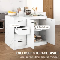 HOMCOM Kitchen Island with Storage Cabinet, 4 Drawers and Adjustable Shelf for Dining Room, Faux Marble Effect and White(m-4)