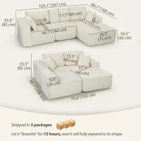 HOMCOM 2-in-1 Modular Sectional Sofa, Boneless L Shaped Couch Sofa Bed, Cream White(m-3)
