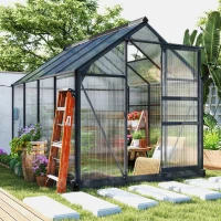 Outsunny Polycarbonate Greenhouse, Heavy Duty Outdoor Aluminum Walk-in Green House Kit Vent Door, 6.2'x8.3'x6.6' Gray(m-10)