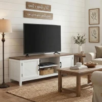 HOMCOM TV Stand for TVs up to 65 Inch, Entertainment Center with 2 Open Shelves, 2 Cabinets, Thick Top, White and Brown(m-10)