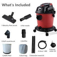 5-Gallon Wet/Dry Shop Vacuum with Stepless Speed Control, 3-In-1 Cleaner with Tower-Buckle Lock, 14″ L x 14″ W x 17.5″ H, Black+Red(m-10)