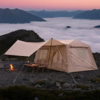 Modern Inflatable Camping Tent with Easy-Setup Blow-Up Design, 4-Season Family Tent for Family Trip, 157.5″ L x 108″ W x 78.5″ H, Beige(m-1)