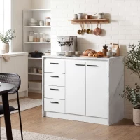 HOMCOM Kitchen Island with Storage Cabinet, 4 Drawers and Adjustable Shelf for Dining Room, Faux Marble Effect and White(m-10)