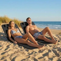 Outsunny 2 Pieces Beach Lounge Chair, Outdoor Folding Chaise Lounge Set w/ Pillow for Sunbath, Snap, Beige(m-1)