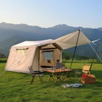 4-Season Camping Tent with Extended Awning and Higher Sidewalls, Waterproof Family Tent with Dual Doors, 126″ L x 98.5″ W x 82.5″ H, Beige(m-1)