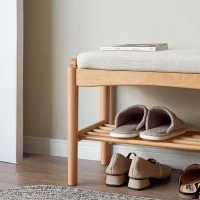 Mid-Century Shoe Bench with High-Rebound Sponge Cushion, Sturdy Shoe Rack with Slatted Compartment, 23.5″ L x 12″ W x 16.5″ H, Natural(m-7)