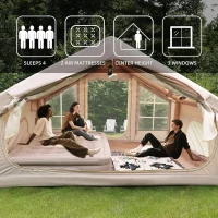 Inflatable 4-Season Camping Tent with Extended Awning, Waterproof Family Tent with Clear Skylight, 118″ L x 82.5″ W x 78.5″ H, Beige(m-5)