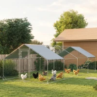 PawHut Metal Chicken Run w/ Waterproof & Anti-UV Cover, Feeding Door, Hanging Feeder, for 24-30 Chickens, 9.8' x 26.2' x 6.4'(m-10)