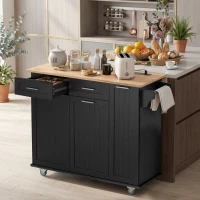 HOMCOM Kitchen Island on Wheels with Wood Drop Leaf, Charging Station, Rolling Kitchen Cart with Adjustable Shelf, Black(m-10)