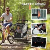 Aosom 2 Seat Bike Trailer for Kids 2-in-1 Baby Stroller with Handbrake, Rubber Wheels, 5 Point Harness, Reflectors, Grey(m-10)