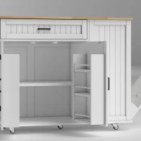 HOMCOM Kitchen Island Cart, Portable Kitchen Island Table with Charging Station, Rubber Wood Drop Leaf, Trash Storage, White(m-11)