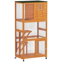 PawHut 74" Wooden Outdoor Cat House Weatherproof & Wheeled with High Weight Capacity, Kitten Cage Condo, Orange(m-11)