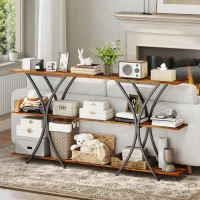 HOMCOM 71" Console Table, 3-Tier Industrial Entryway Table with 2 Storage Shelves for Living Room, Hallway, Rustic Brown(m-9)