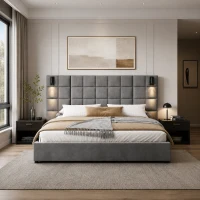 Queen Platform Bed Frame with Built-in Reading Lamps and USB Port, Platform Bed with High Headboard, 84.5'' L x 92'' W x 45.5'' H, Gray(m-1)