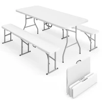 Outsunny 6FT 3 PCS Portable Camping Table and Chairs, Folding Picnic Table Bench Set with Carrying Handles for BBQ, Party, White(m-11)