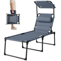 Outsunny Outdoor Lounge Chair, 4 Position Adjustable Backrest, Folding, Cushioned w/ Sun Shade Roof & Pillow, Gray(m-1)