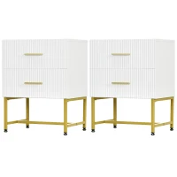 HOMCOM 2 Pieces Nightstands with Storage, Modern Bedside Tables with 2 Fluted Drawers and Gold Legs for Bedroom, White(m-2)